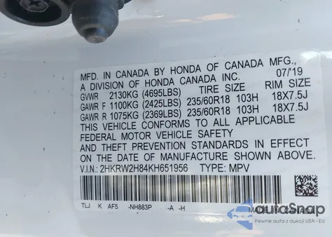 2019 Honda Cr-V Ex-L from USA, damaged, VIN 2HKRW2H84KH651956